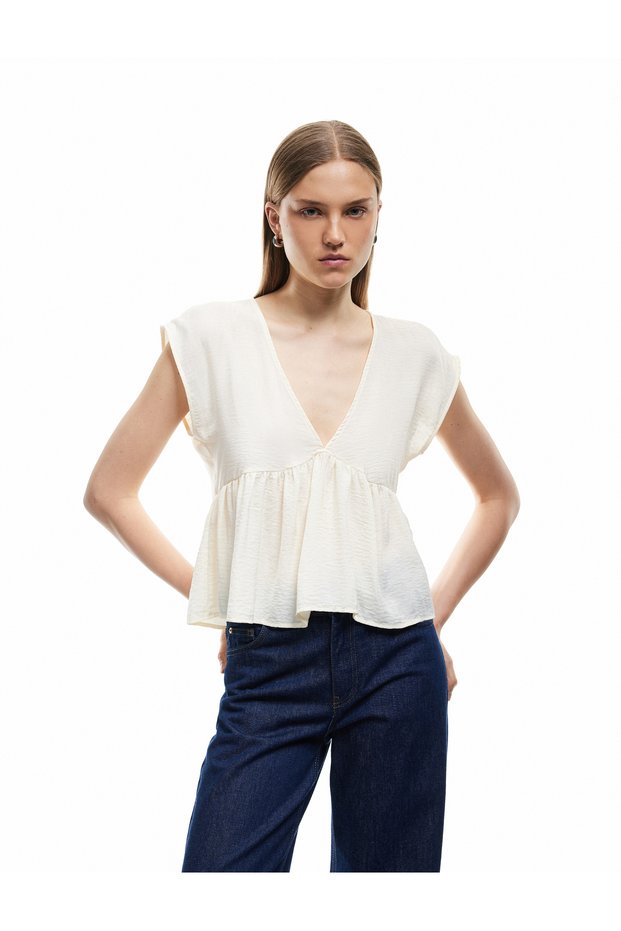 Aerobin Fabric Pleated V-Neck Sleeveless Satin Blouse