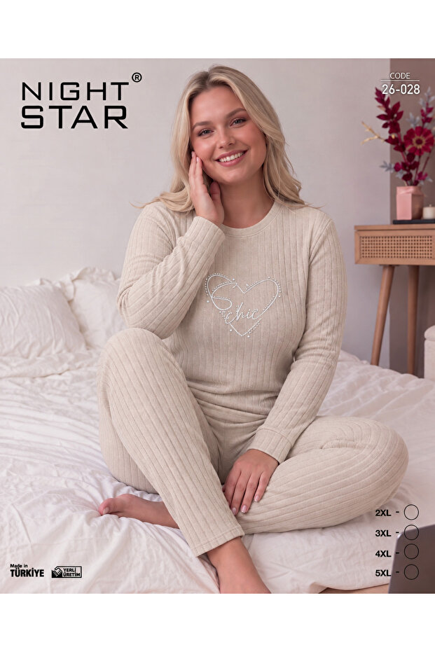Roma Cotton Knitted Interlock Heart Printed Beige Plus Size Pajama Set
