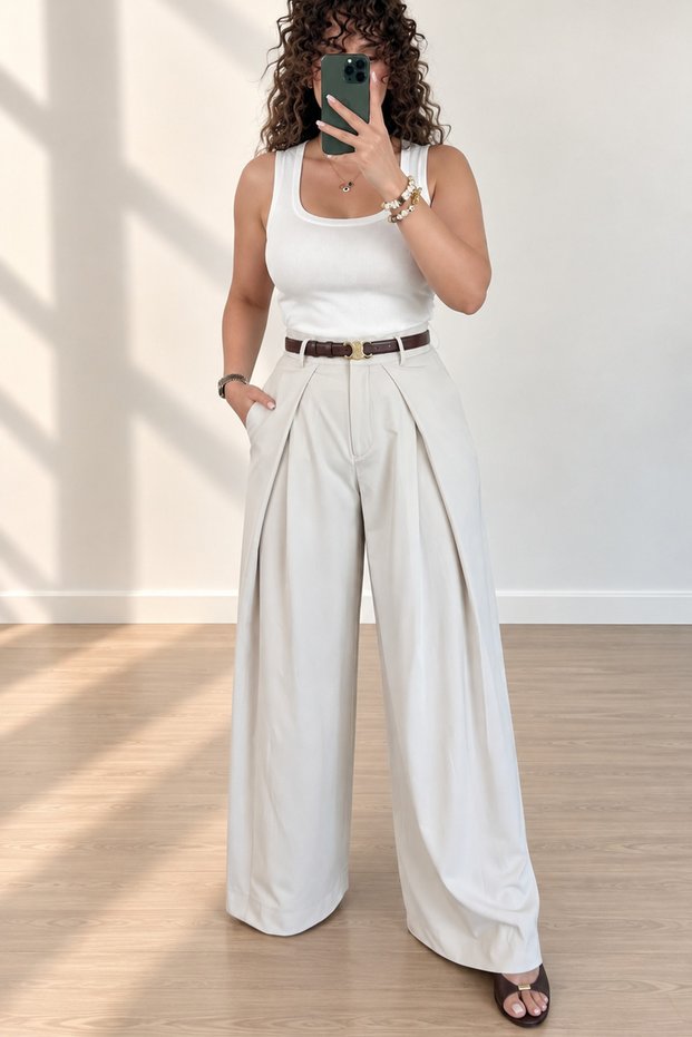 Women's Stone Color High Waist Fabric Pants