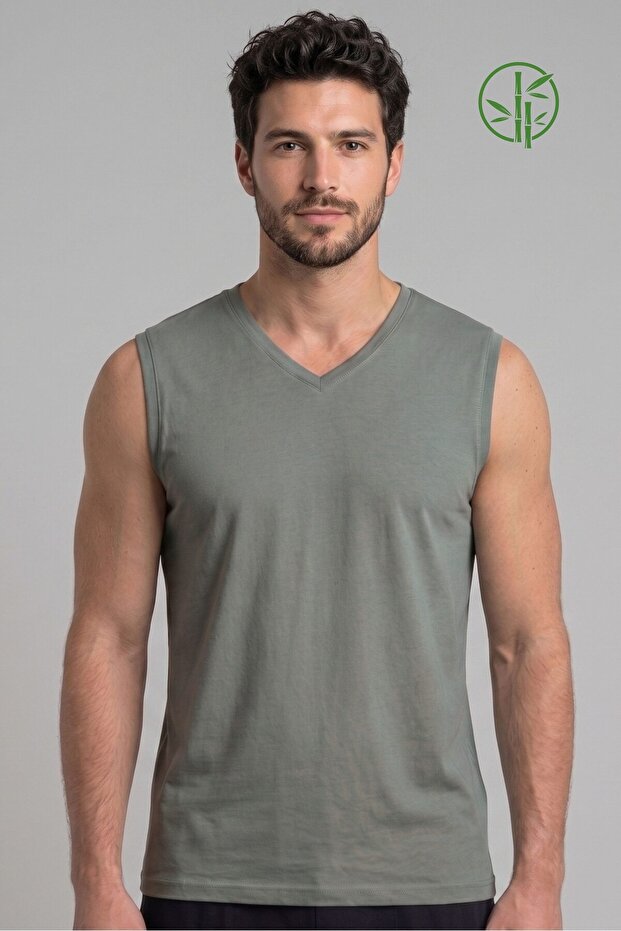 Men's Nefti Green Bamboo V-Neck Zero Sleeve T-Shirt