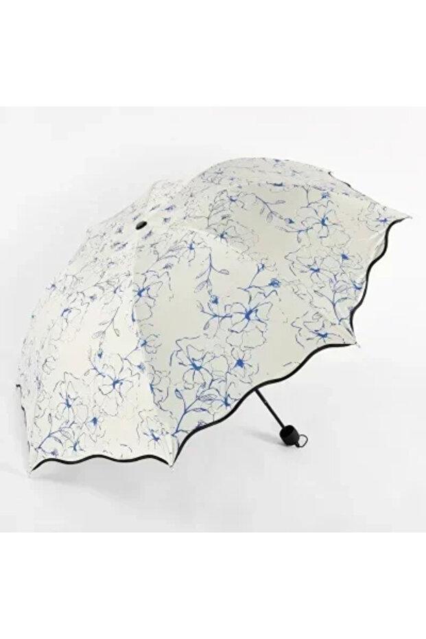 Blue Rain Sunshine Dual-purpose Umbrella Anti UV Black Coating Hibiscus Flower Folding Umbrella New