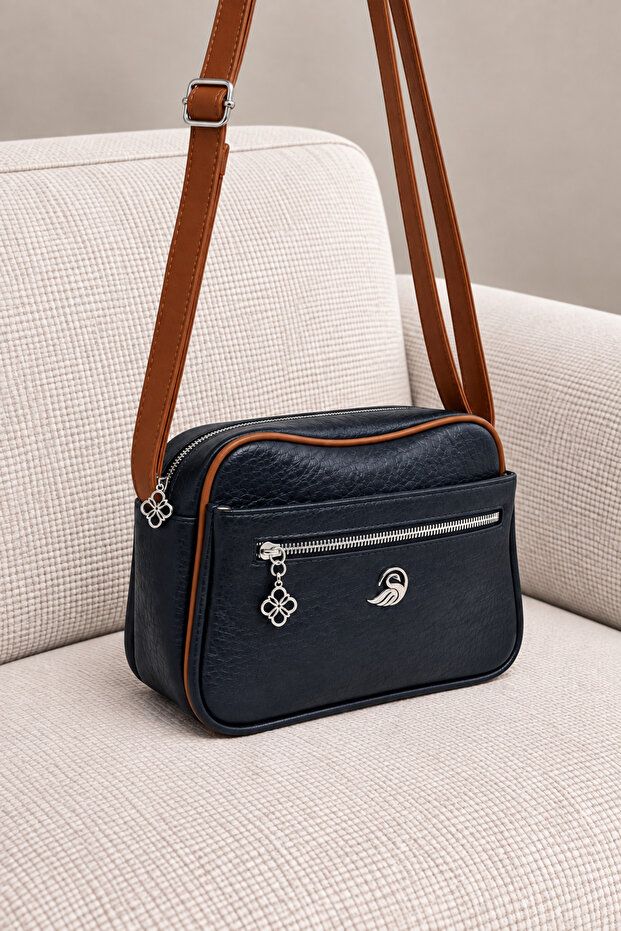 Women's Multi-Compartment Navy Blue-Tan Frame Detailed Shoulder and Crossbody Strap Faux Leather Bag