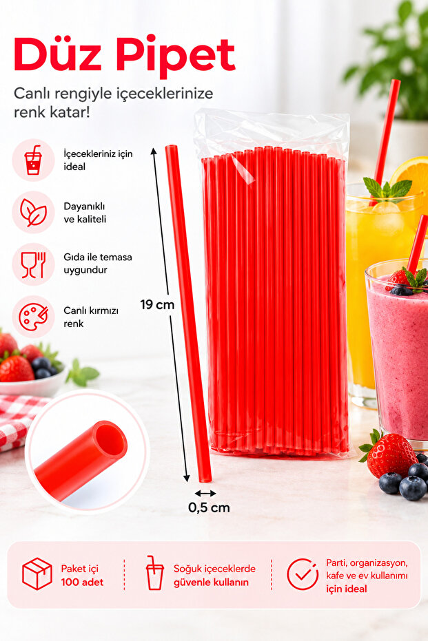 Bellows-Free Straight Red Straws 100 Pieces