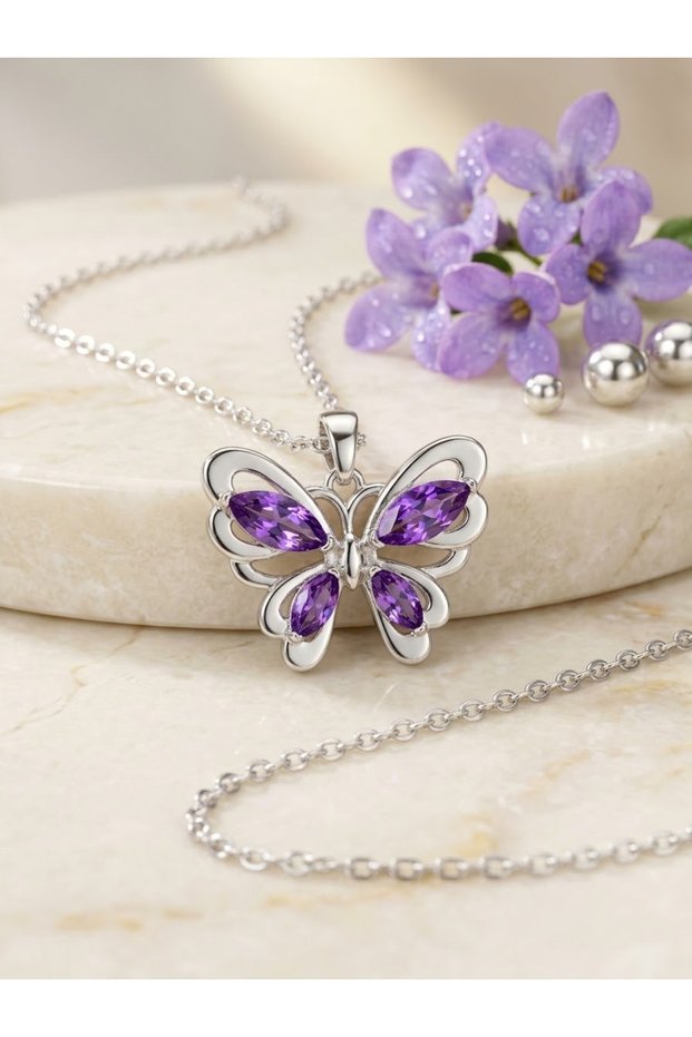 Silver Color Stone Detailed Butterfly Necklace