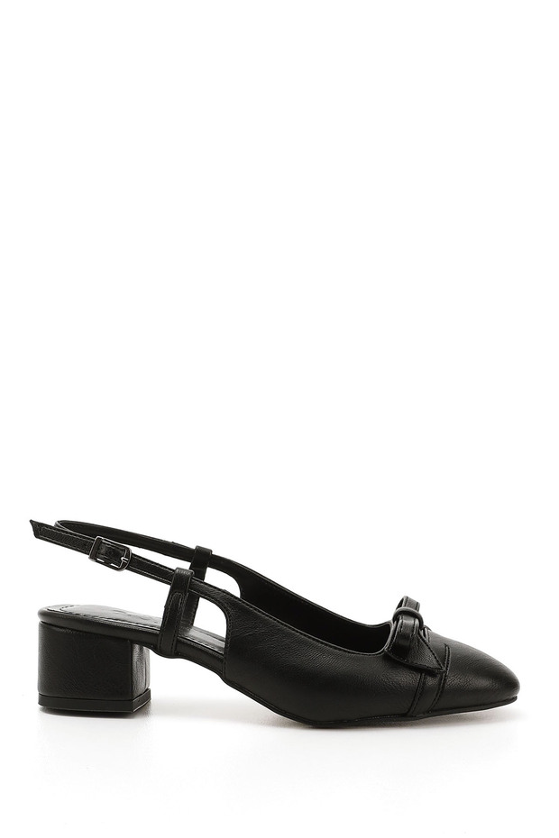 Women's Black Bow Short Thick Heeled Open Back Shoes