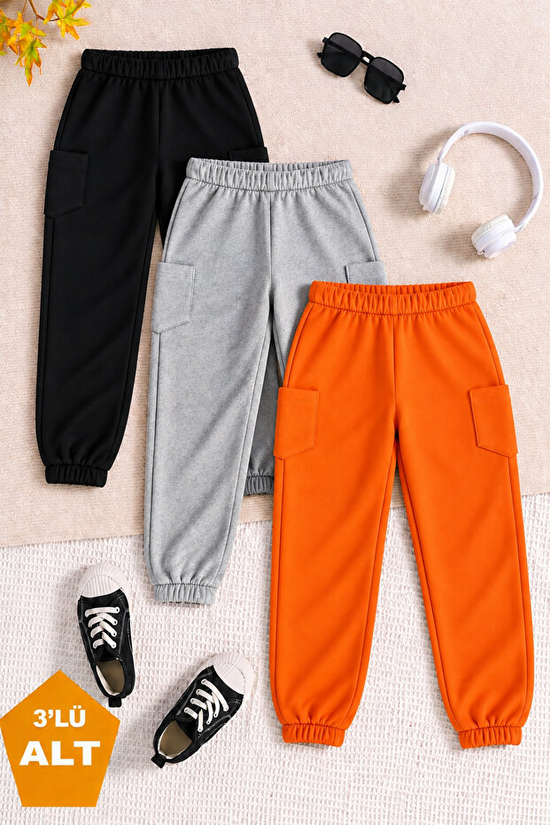 3-Pack Unisex Orange-Black-Grey Children's Sweatpants with Fleece Inside and Elastic Legs