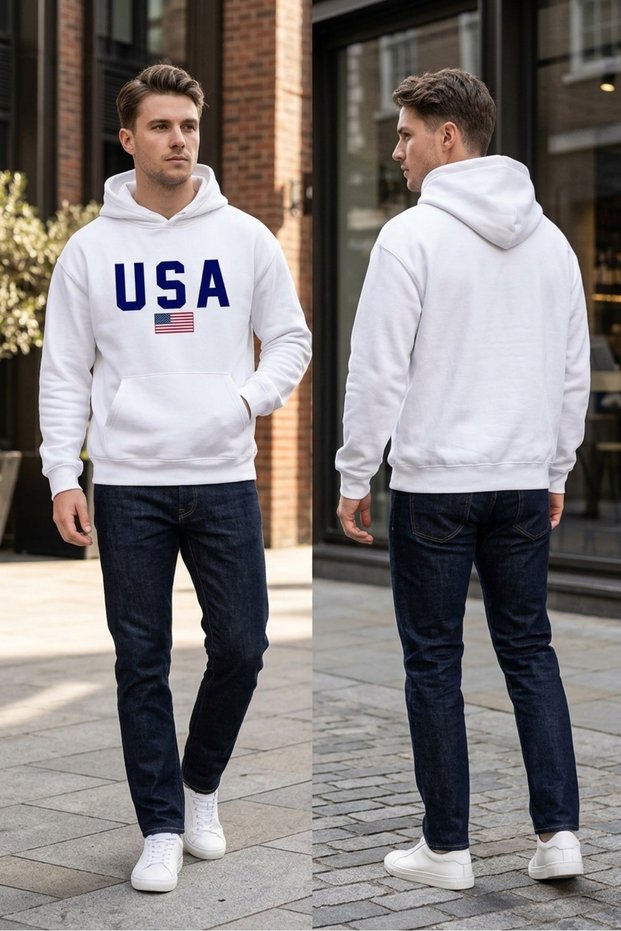 New Season U.S.A Printed 3 Thread Cotton Hooded Sweatshirt Sebesta Fashion
