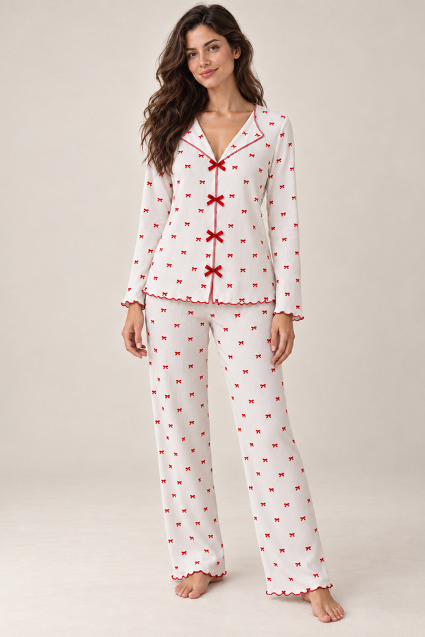 Bow Patterned Reporte Camisole Long Sleeve Women's Pajama Set