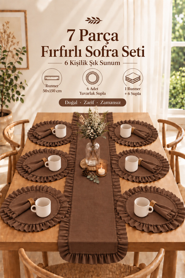 Ruffle Detailed Linen 50 X 150 Runner & Placemat Set – 7 Piece Dowry Collection 6 American Service Pieces 1 Runner