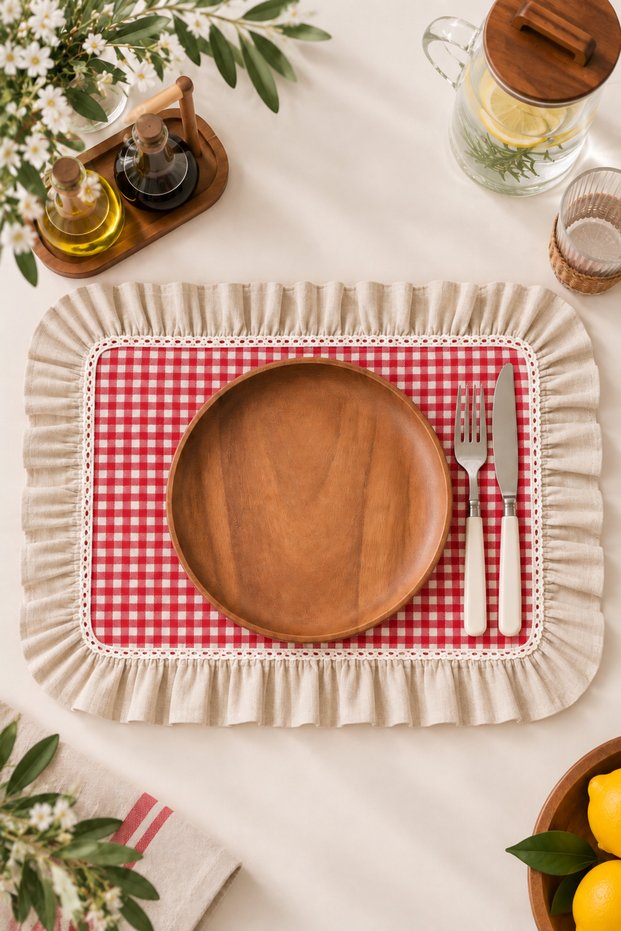2-Piece Checkered Ruffle Detailed American Service Plate/Supla