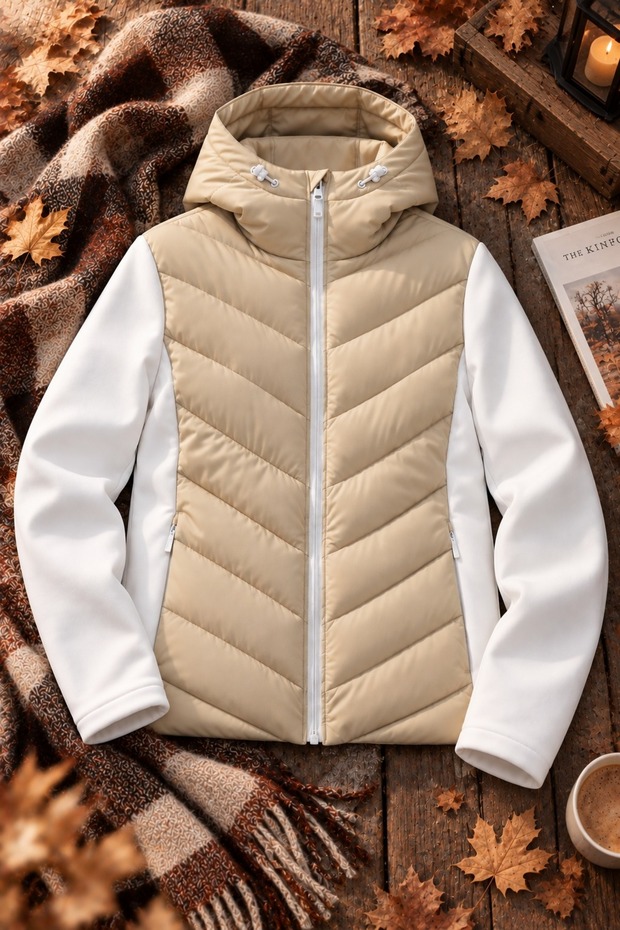 Women's Softshell Hooded Thermal Puffer Jacket with Sleeves and Two Pockets