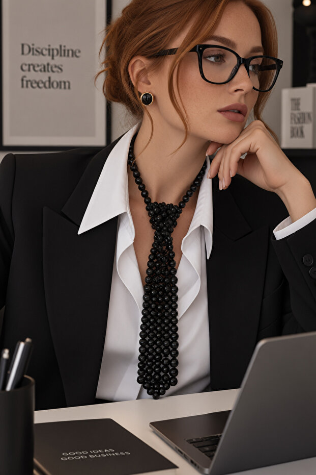 Black Pearl Design Tie Necklace – Elegant and Modern Accessory for Women