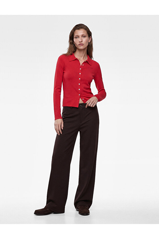 Normal Waist Side Pocket Buttoned Straight Fit Fabric Trousers