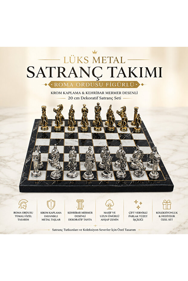 Luxury metal chess set with roman army figures, chrome plated black marble patterned 20 cm premium set