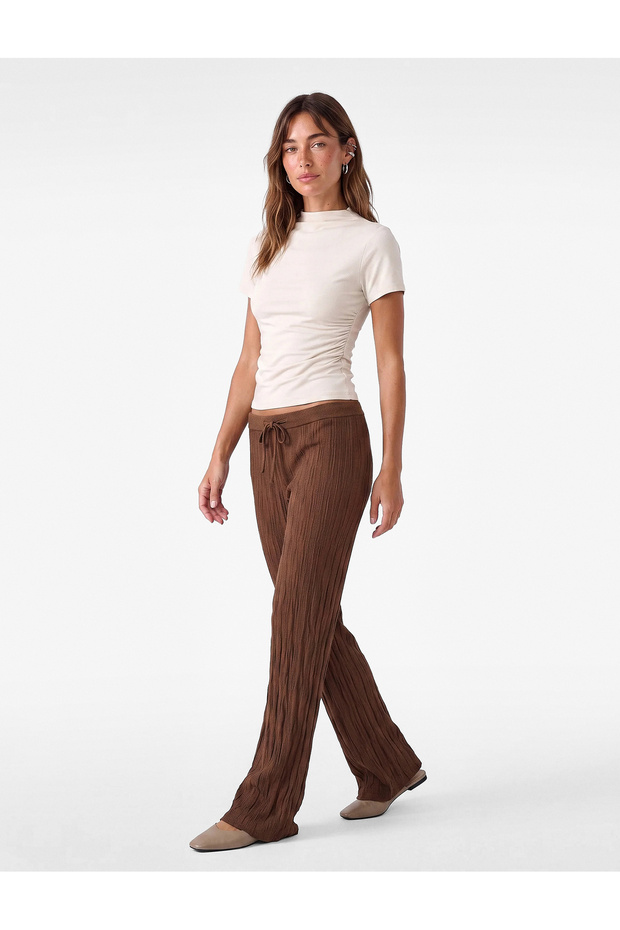 Viscose Blended Textured Spanish Flare Knitwear Trousers with Tie Waist
