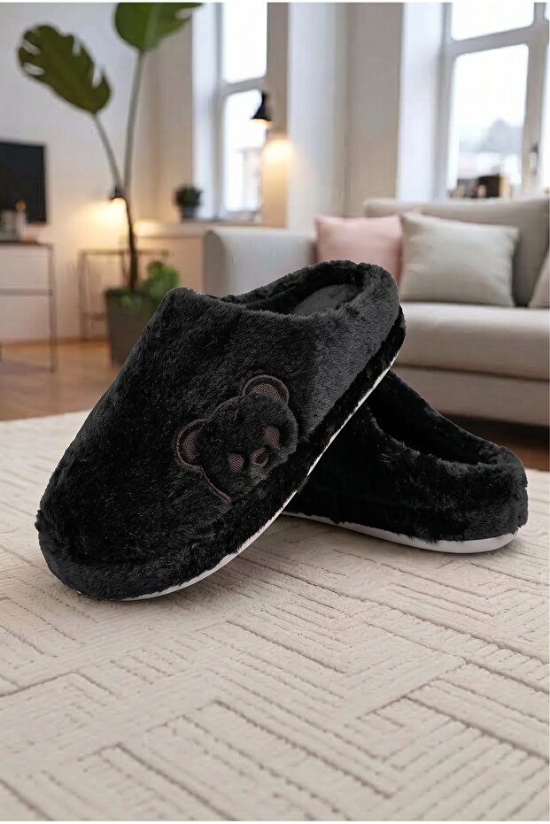 Black Fur-Lined Women's House Slippers, Plush Slippers, Dowry and Bundle Slippers, No Sound, Thick Sole