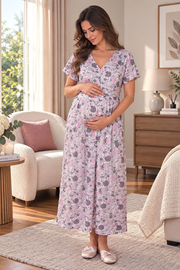 Floral Patterned V-Neck Long Maternity Dress Effortt - Purple