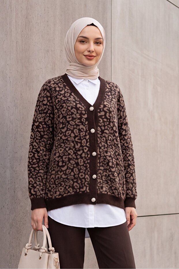 Leopard Pattern Buttoned Oversize Bearded Knitwear Cardigan - Dark Brown