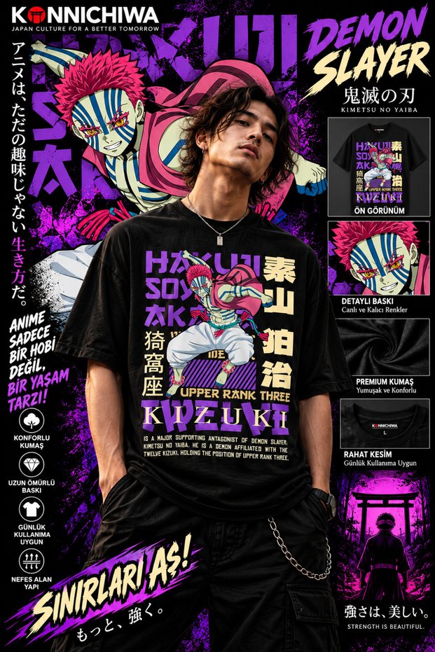 Demon Slayer Akaza Tanjiro Nezuko Zenitsu Inosuke Printed Black T-Shirt Tee Tshirt – Anime Crew Neck