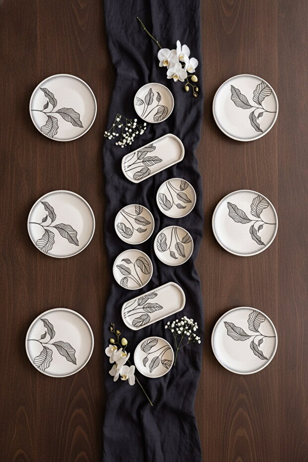 Black Leaves 14 Piece Breakfast Set for 6 People, Luxury Breakfast Set
