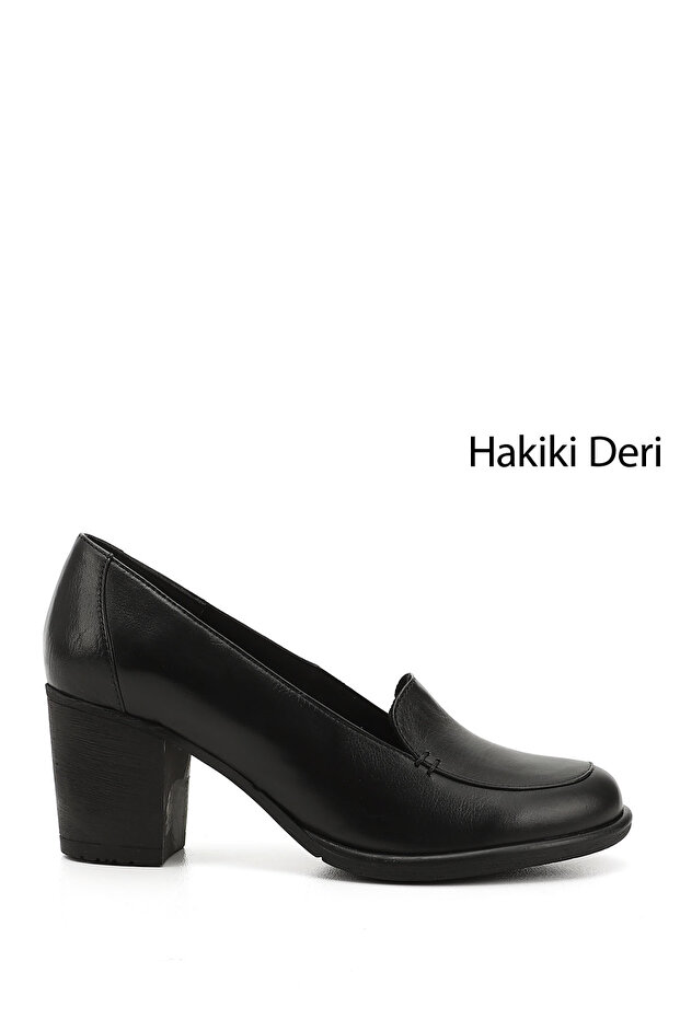 Women's Black Medium Thick Heeled Genuine Leather Shoes