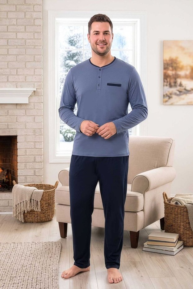 Men's Long Sleeve 100% Cotton Plus Size Pajama Set Blue