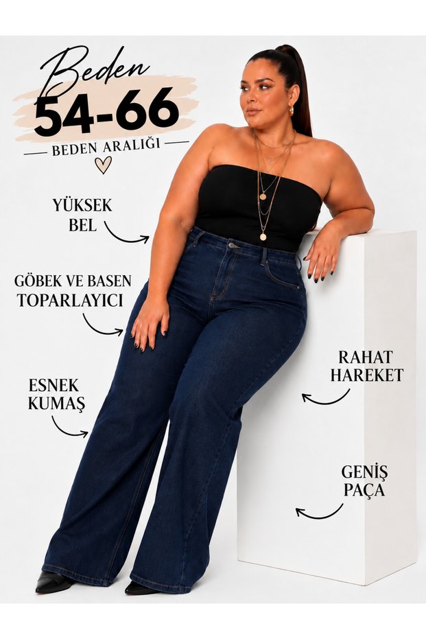 Wide Leg Jeans Premium Women's Extra Large Size Super High Waist Es Stretchy Ot Pants-Dark Denim Blue