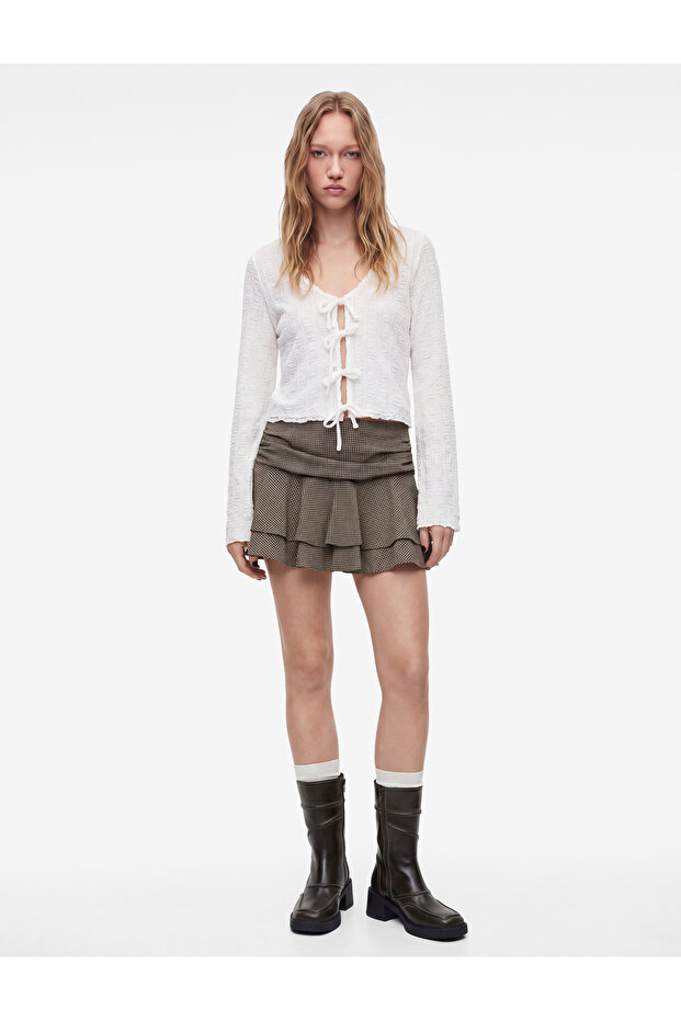 Bow Tie Long Sleeve V-Neck Lace Blouse