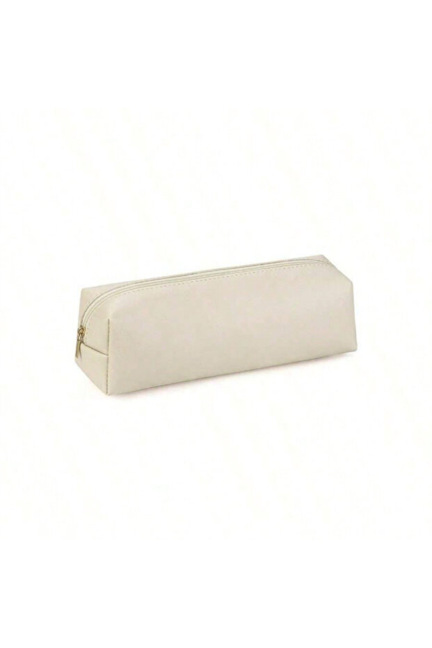 Beige 1pc Large Capacity Pen Bag PU Leather Pen Case Stationery Holder Storage Box Zipper Pencil Pou