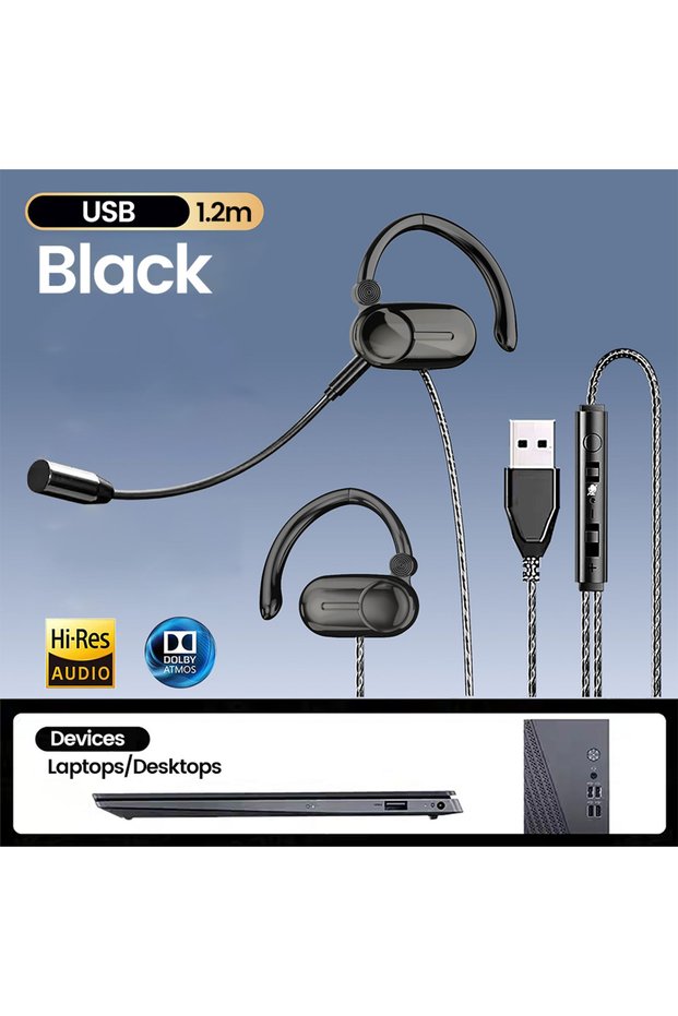 USB Black USB 3.5mm Plug Open Ear Hook Wired Headphones with Dual Microphone Hifi Surround Stereo Mu