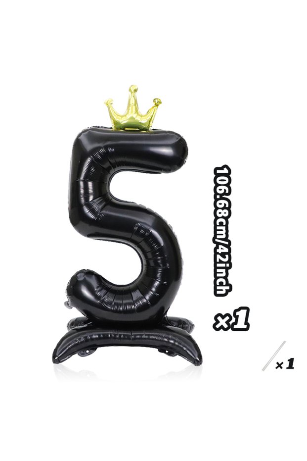 42inch Number 5 42 Inch Vertical Black Digital Balloon with Crown, Decoration for Boys and Girls' Bi