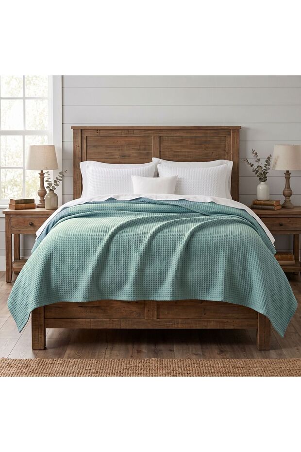 Waffle Pike and Bedspread, Aqua Green Double Waffle Pike, Cotton Lightweight and Breathable for All Seasons, Decorative Bedspread - 200X230Cm