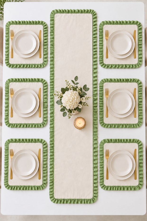Green Ruffled Runner 40 × 110 cm – Plain Cream Decorative Tablecloth Stylish Table Runner