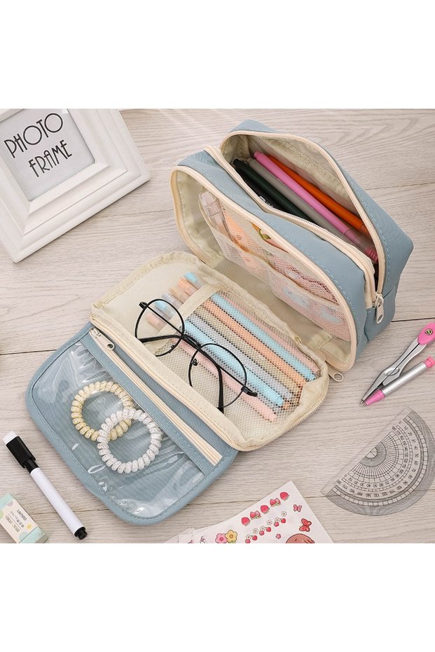 Blue Kawaii Pencil Case Multi Layer Stationery Pen Cute Bag Creative Pen Box Students Back to School