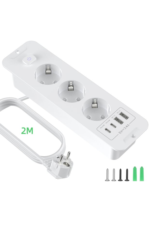 110-250V EU 3AC white 7-in-1 Ultra-Thin Embedded Socket with Switch, 2USB-A+2USB-C, 20W Fast Chargin
