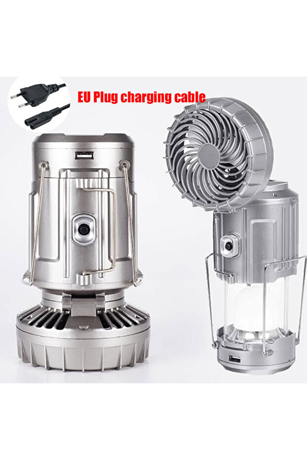 (Large)Silver EU Solar Portable Camping Lanterns Electric Fan 1500mAh LED Solar Power Hanging Tent R