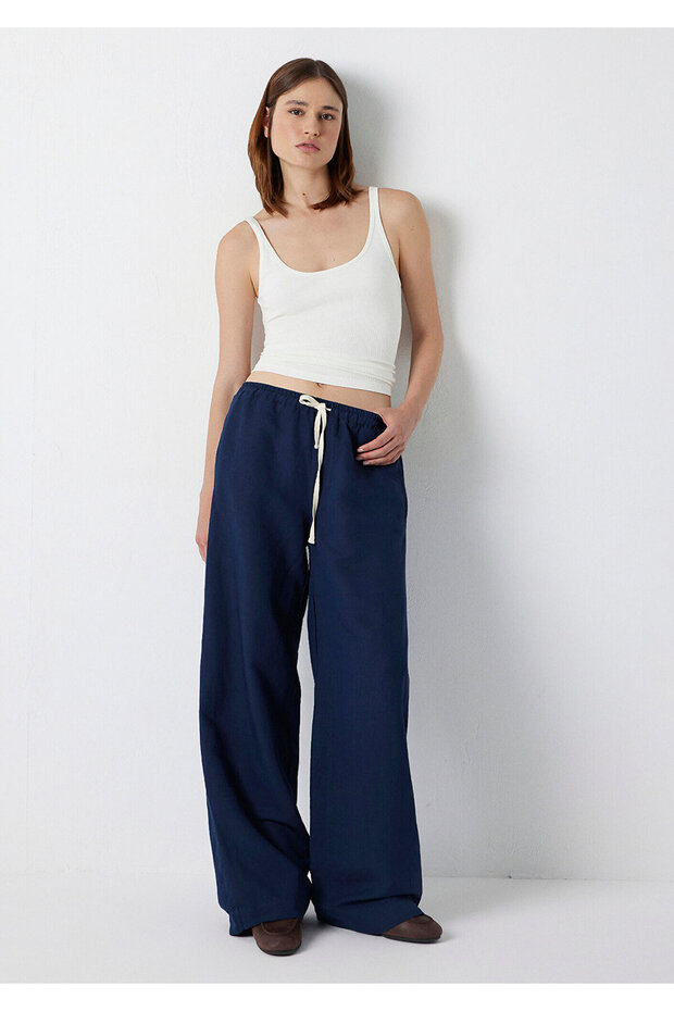 Linen Blend Navy Blue Trousers 1011269-82318