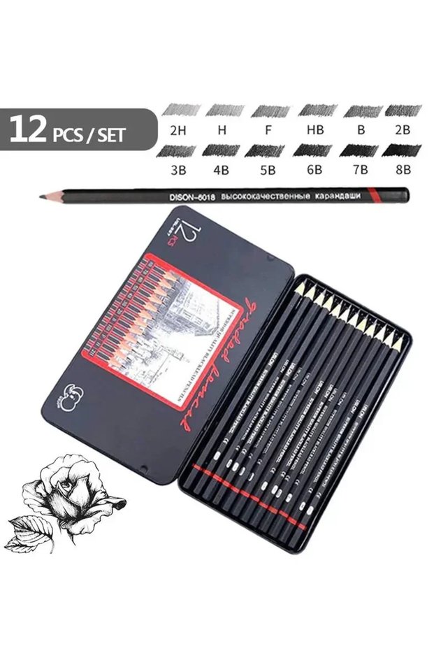 12 PCS-Metal Box 12pcs/set Drawing Pencil Pre-sharped Metal Box Packed 2H-8B Graphite Pencil Set for