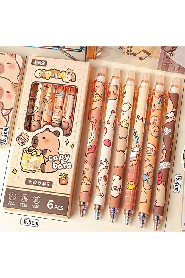 Brown-6pcs Capybara Erasable Pens 6pcs Refillable Ink Gel Pen Smudge-Free Cute Animal School Supplie
