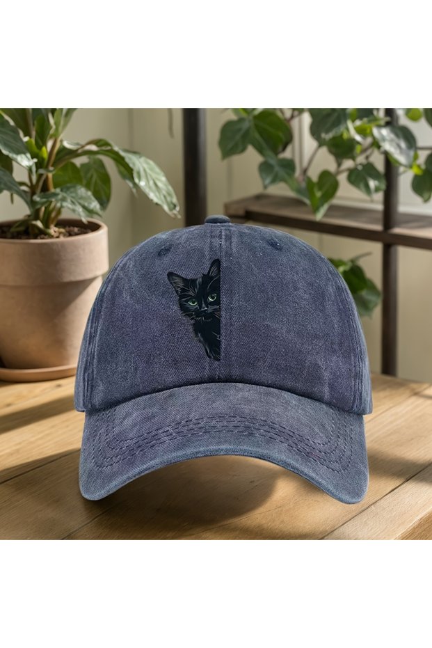 Adjustable Navy Blue Retro Fun Little Black Cat Printed Baseball Cap for Both Men and Women Sun Prot