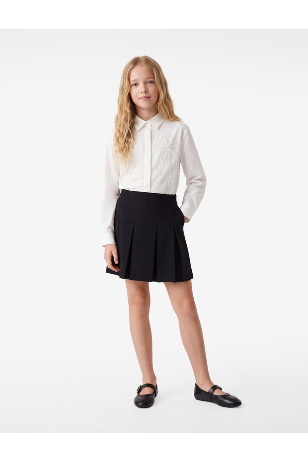 Long Sleeve Classic Collar Ribbon and Pearl Cotton Poplin Shirt