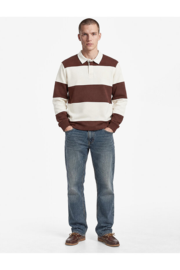 Long Sleeve Three Thread Ribbed Buttoned Striped Polo Collar Sweatshirt