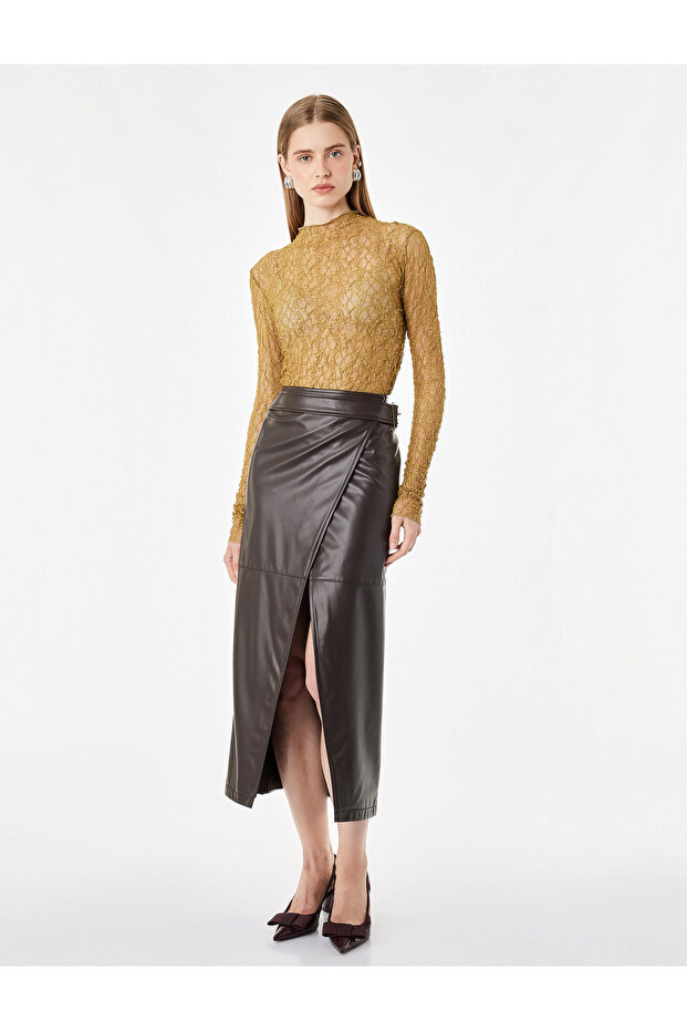 Slim Fit Long Sleeve High Neck Transparent Lace T-Shirt