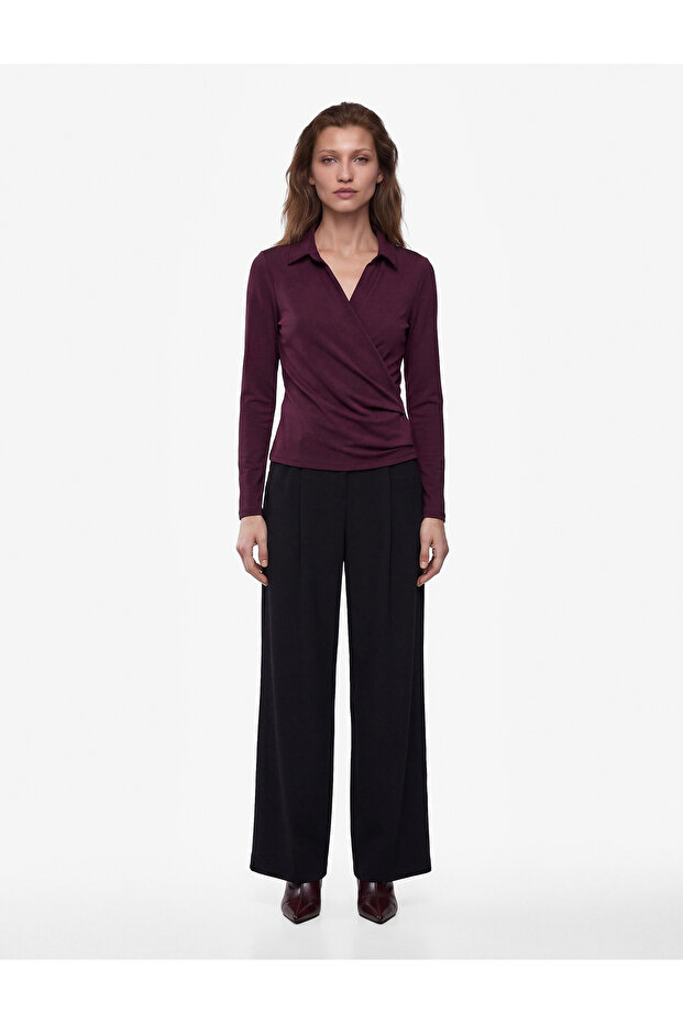 Double-Breasted Polo Collar Plum Color T-Shirt Comfortable Fit Long Sleeve Draped