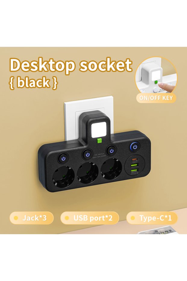 Black USB EU Plug Power Strip Outlets Two specifications with or without USB Type-C port Wall Charg