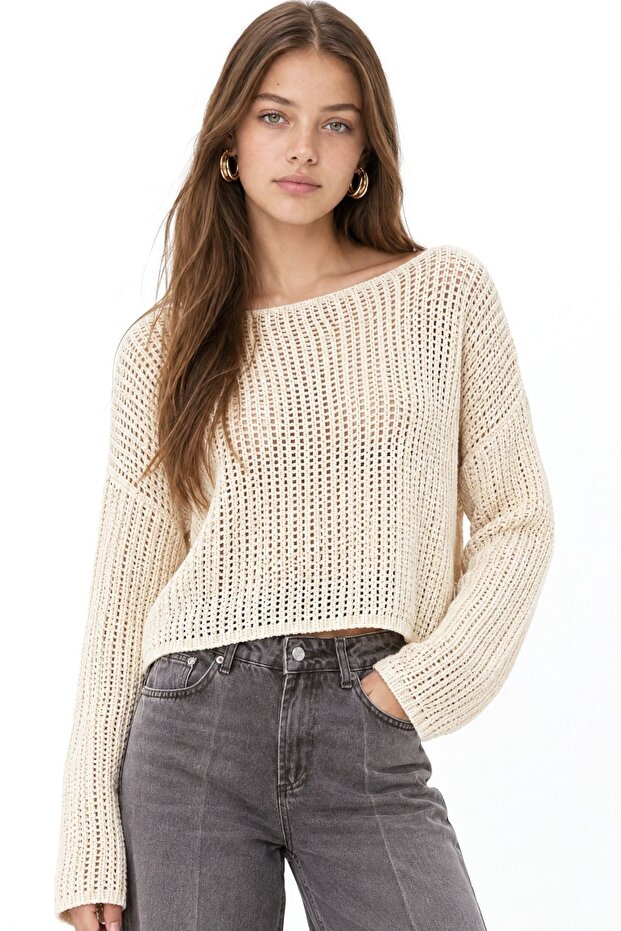 Mixray Openwork Boat Neck Crop Knitwear