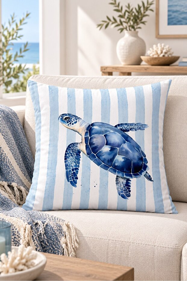 Blue Sea Turtle Striped Double-Sided Printed Suede Decorative Throw Pillow Cover 43X43