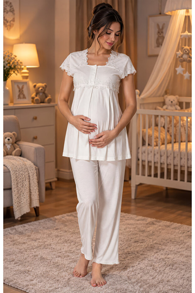 Lace Detailed Maternity Pajama Set Effortt - Ecru
