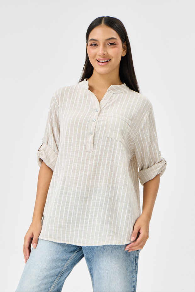 Women's Beige Italian Line Pattern Court Collar Folded Fakir Sleeve Half Buttoned Blouse 40 - 44 Size