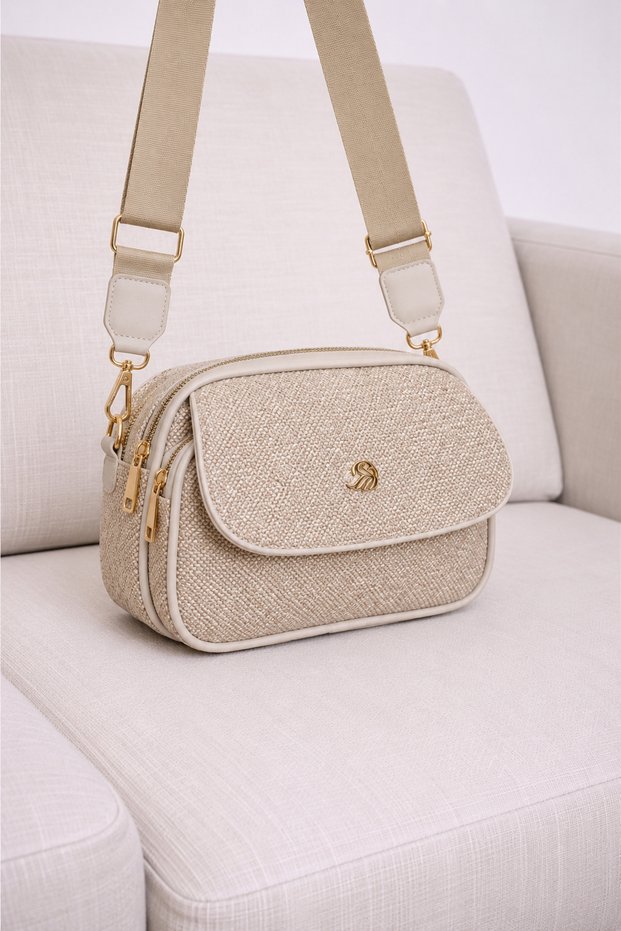 Women's Silvery Straw-Looking Leather Beige-Cream Cover 3-Compartment Cross Shoulder Bag with Adjustable Strap Daily Stylish Mini Bag